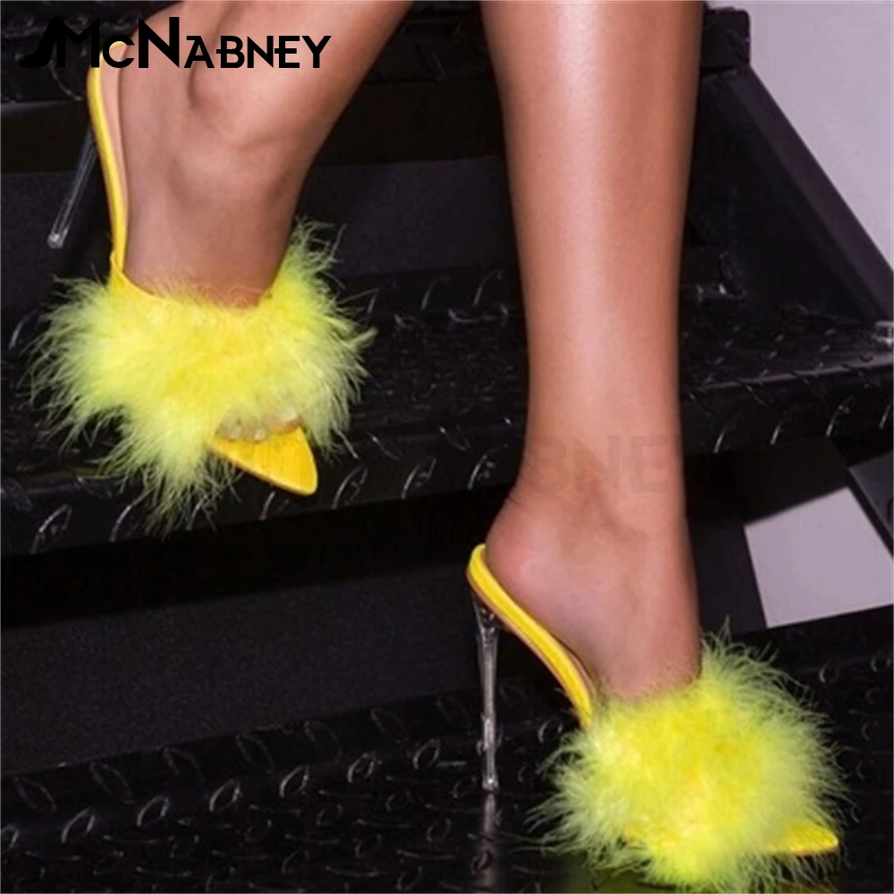 

Multicolor Feather Pointed Toe Slippers Stiletto High Heel Summer Shoes White Yellow Pink Black Fake Feather Slip On Sandals New