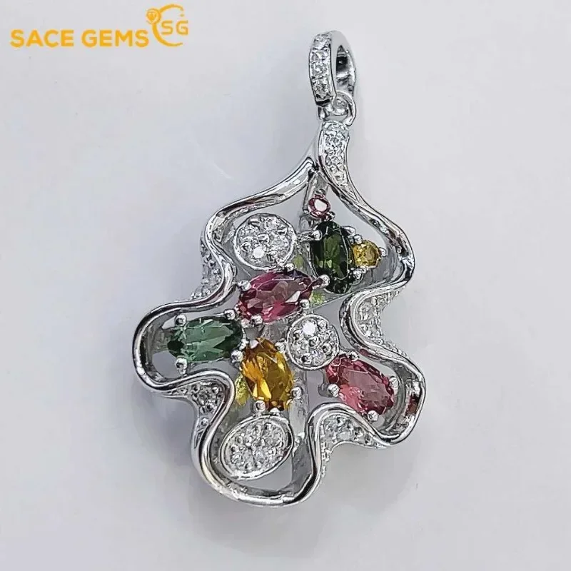 

SACE GEMS Luxury 925 Sterling Silver Certified 3*5MM Natual Tourmaline Pendant Necklace for Women Cocktail Party Fine Jewelry