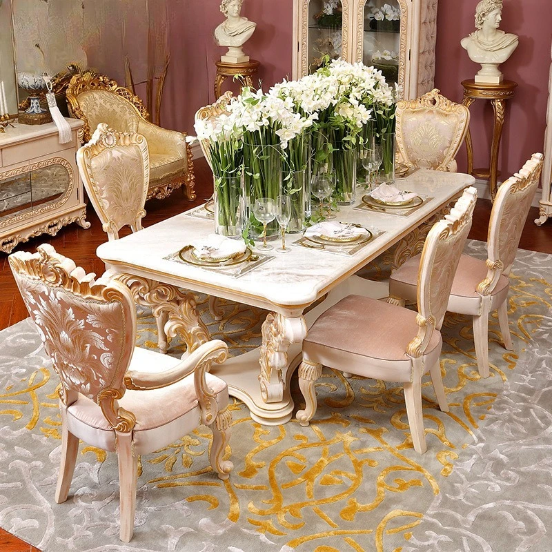 Meubles de salle à manger, table sculptée en bois massif, table à manger rectangulaire en marbre naturel et combinaison de chaises