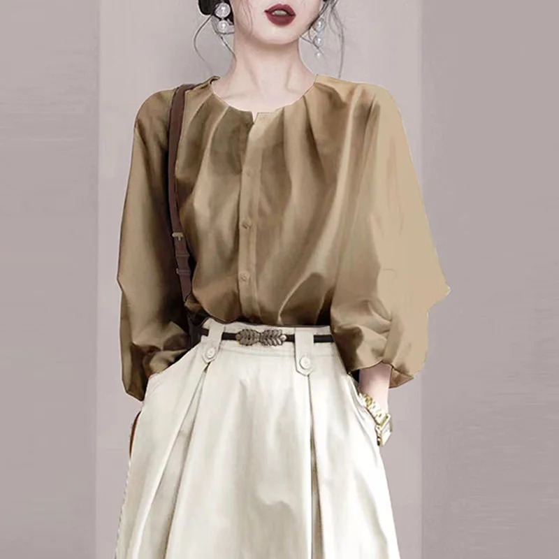 

Женская модная блузка из шелка в корейском стиле с круглым вырезом, длинными рукавами-фонариками, прямого кроя, высокого качества