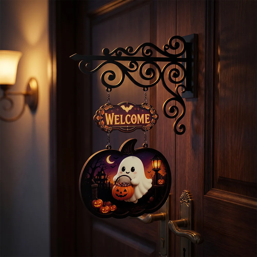 Halloween Lighted Welcome Sign, Cute Ghost & Pumpkin Wooden Hanging Door Plaque, Glowing Halloween Wall Decor for Front Door, Porch, Entryway & Home Party Decoration