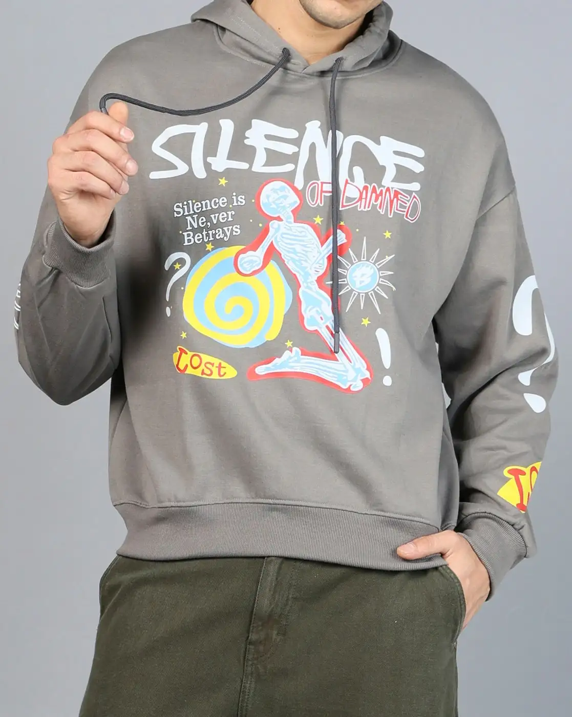 Men Front Chest Print Hoodie Skeleton Graffiti Letter Graphic Pullover Hooded Sweatshirt Streetwear Long Sleeve Tops