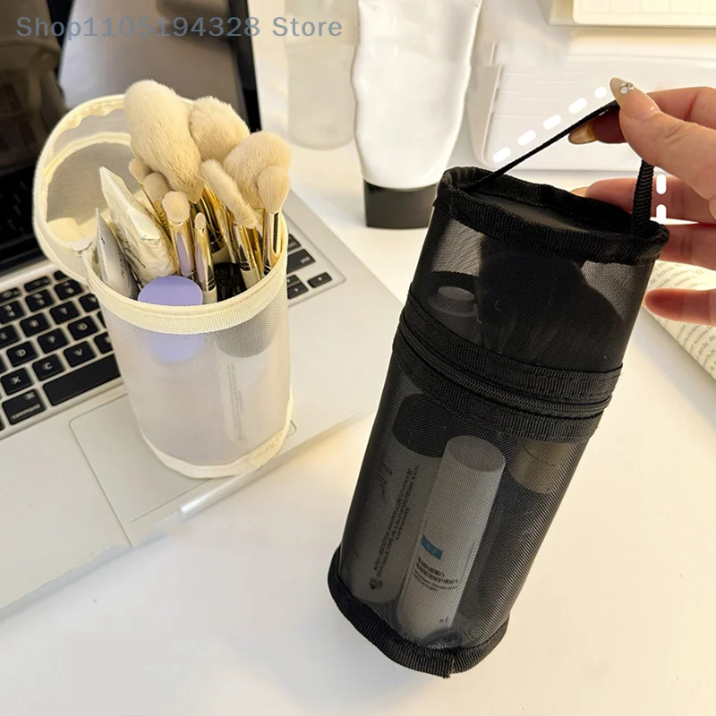 [MP]กระเป๋าเก็บแปรงแต่งหน้าแบบตาข่าย ใช้ได้สองแบบ พกพาสะดวก ความจุขนาดใหญ่ ที่วางแปรงแบบตั้งได้ สำหรับเดินทาง