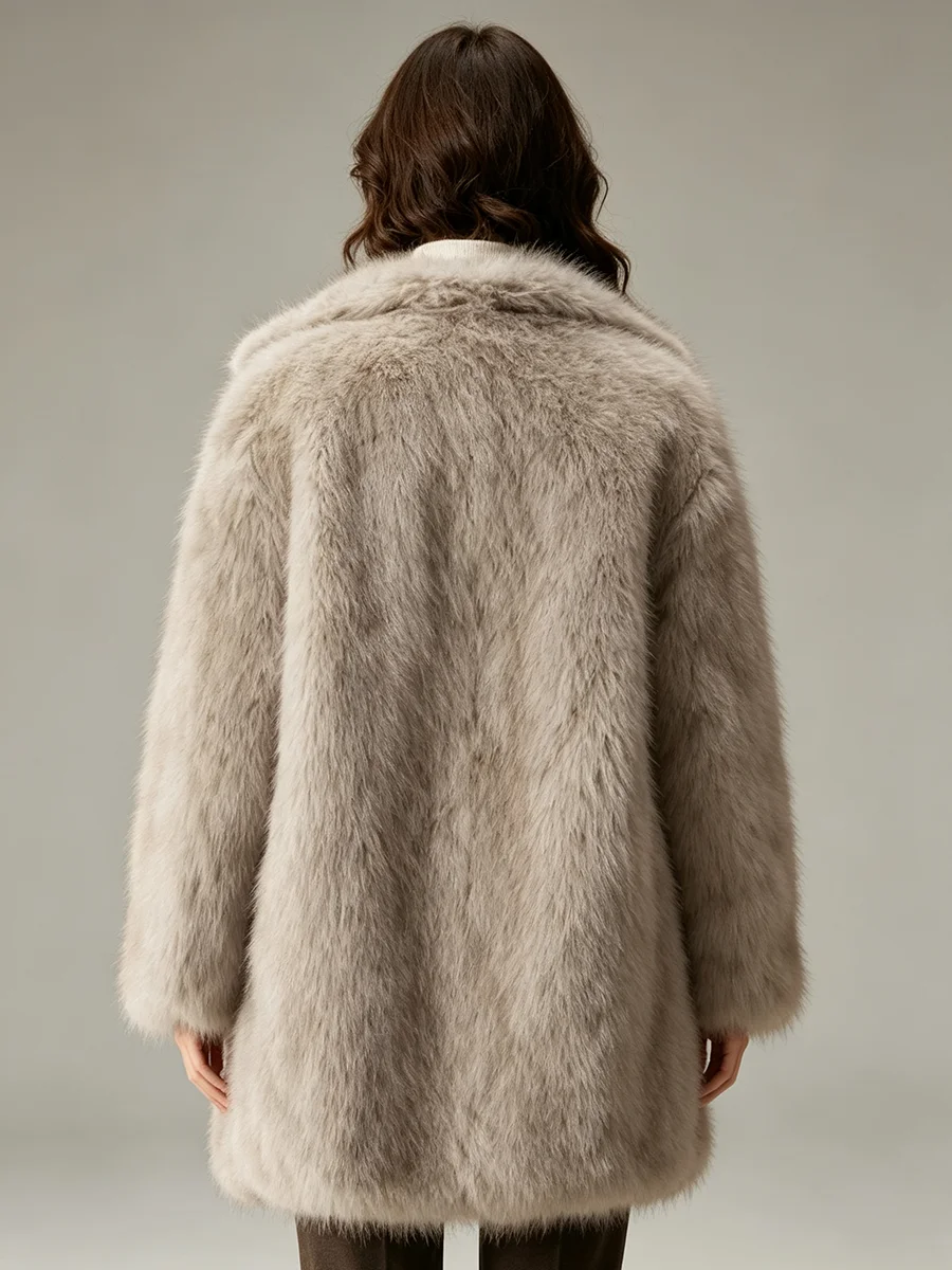 RU Women Lapel Faux Fur Coat Loose Long Sleeve Fluffy Plush Jacket Warm Winter Luxury Elegant Open Front Outerwear