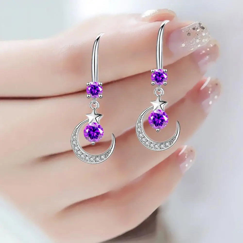 Moon Earrings Moon Star Cubic Zirconia Earrings Polished Drop Jewelry Women’s Hook Hanging Earrings for Prom Party Dating