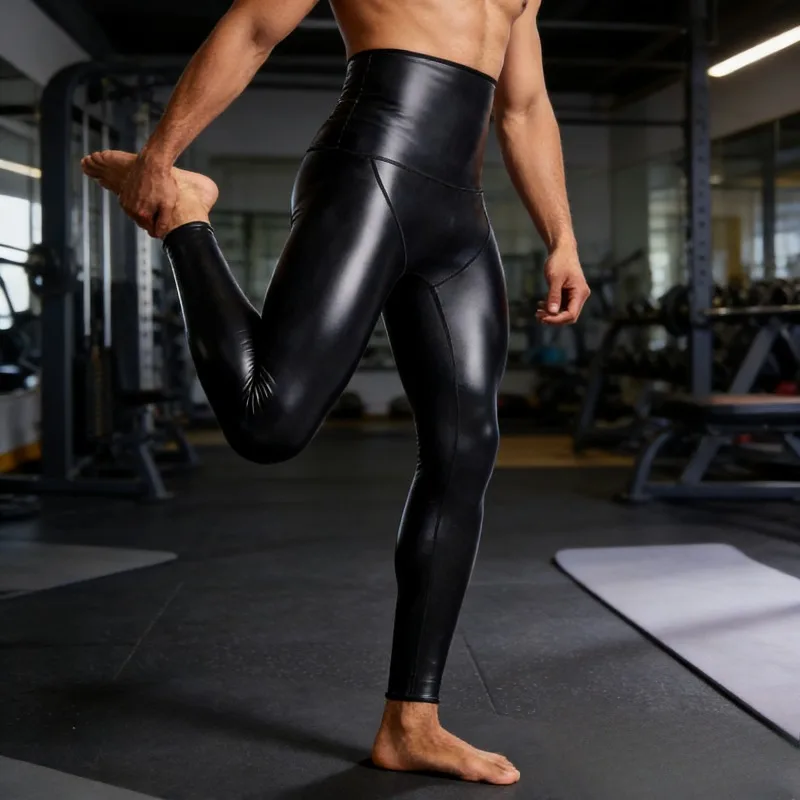 

Мужские кожаные брюки с высокой талией, корректирующие фигуру, компрессионные леггинсы с 9-точечной системой контроля, для фитнеса, утягивающие, черные