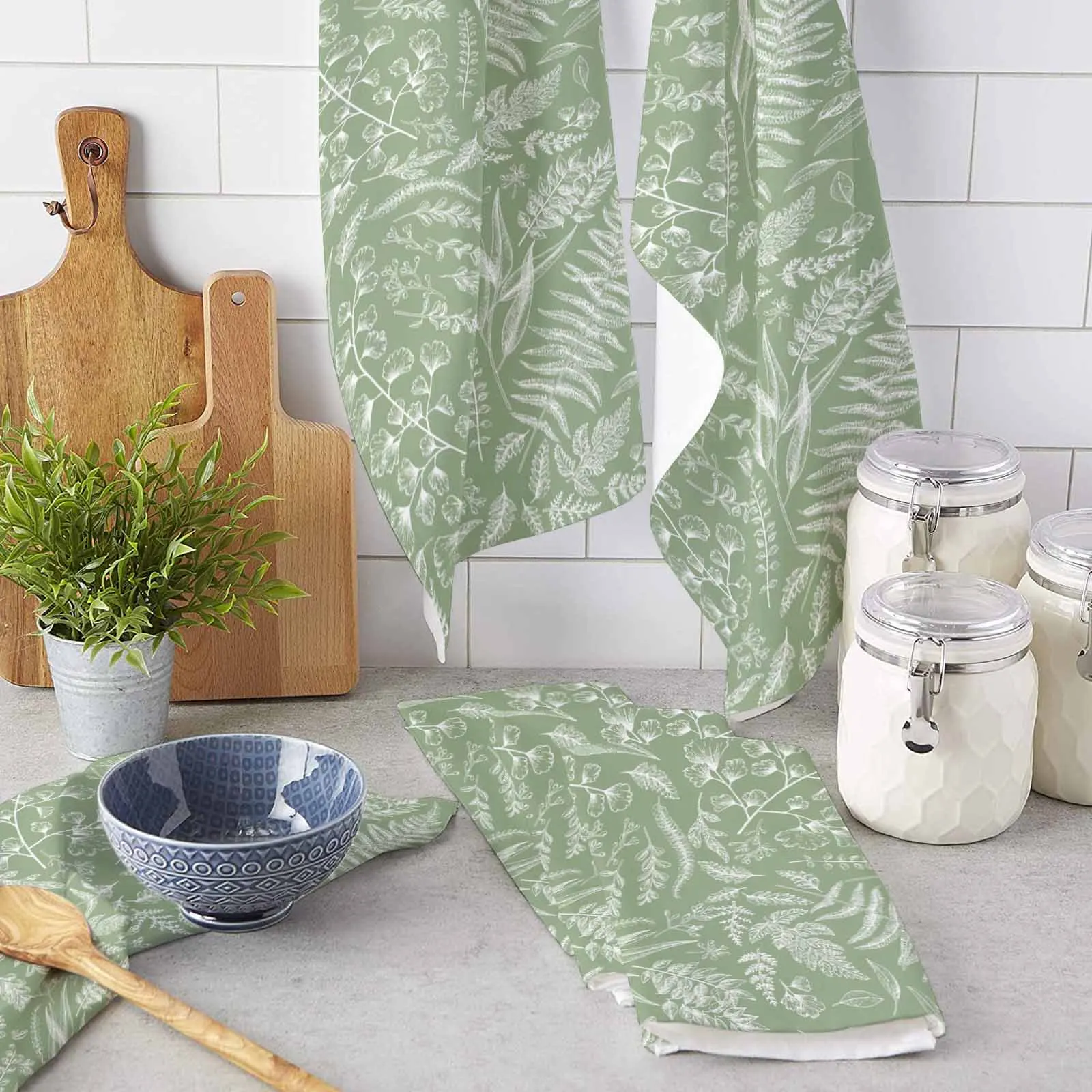 Sage Green Fern Leaves Microfiber Towel Absorbent Kitchen Cleaning Cloth Dish Towel Household Cleaning Towel