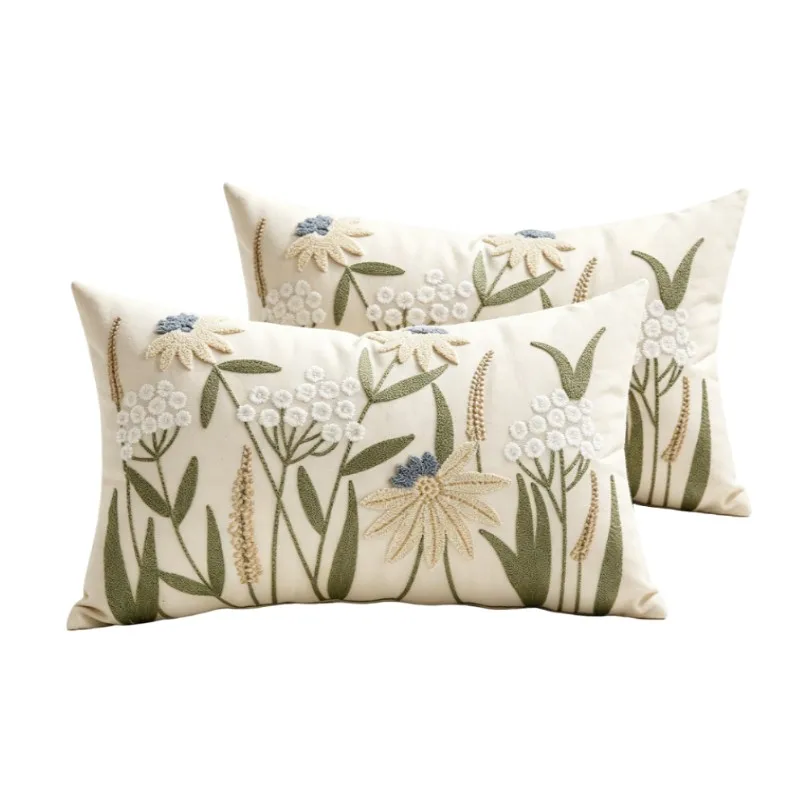 1/2pcs Pastoral Floral Embroidered Cushion Cover Canvas 30x50cm 45x45cm Tufted Throw Pillow Case Wear Resistant Pillow Cover