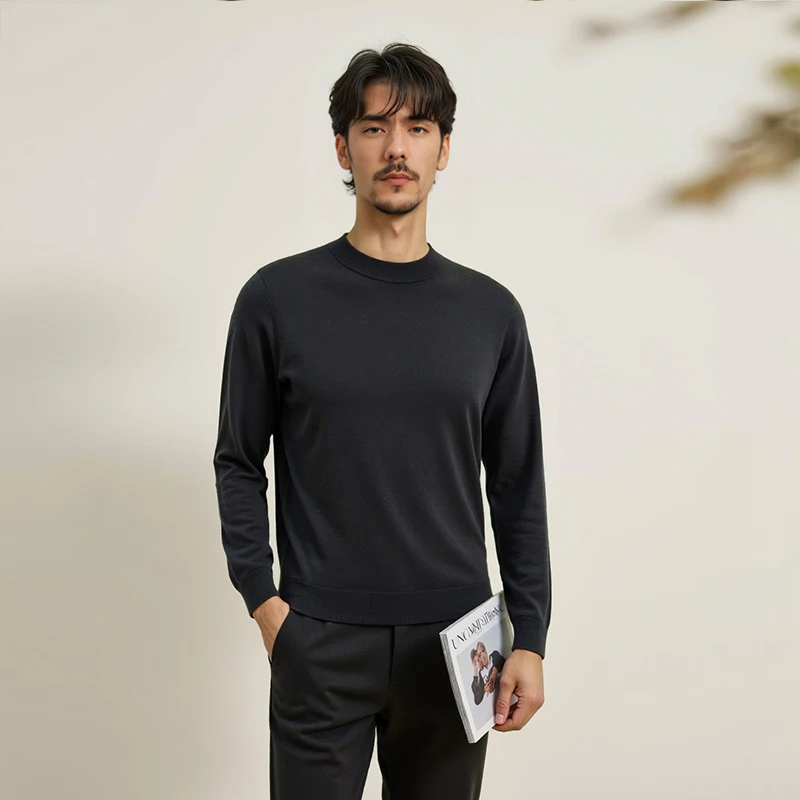 Kaos Rajut Wol 100% Pria Musim Gugur 2025 Kasual Kerah Bulat Slim Fit Tipis Jumper Lengan Panjang Wol Domba Superhalus Atasan Pullover