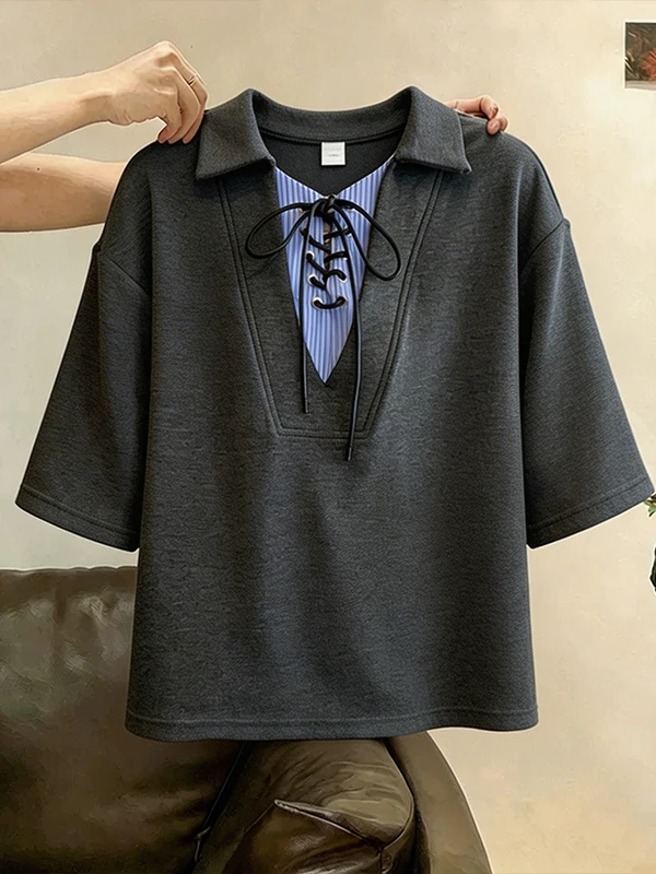 

plus Size Neck Short Sleeve T-Shirt Women's Design Slimming Splice Upper Body Korean Style Casual Wear for Ladies