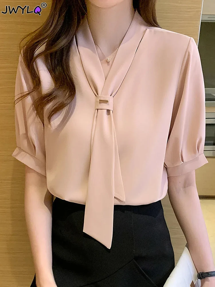 Elegant V-neck Chiffon Top 2022 Korean Ribbon Women Shirts Blouses Chic Office Lady Short Sleeve Shirts Top Fashion Bow Tie Shir