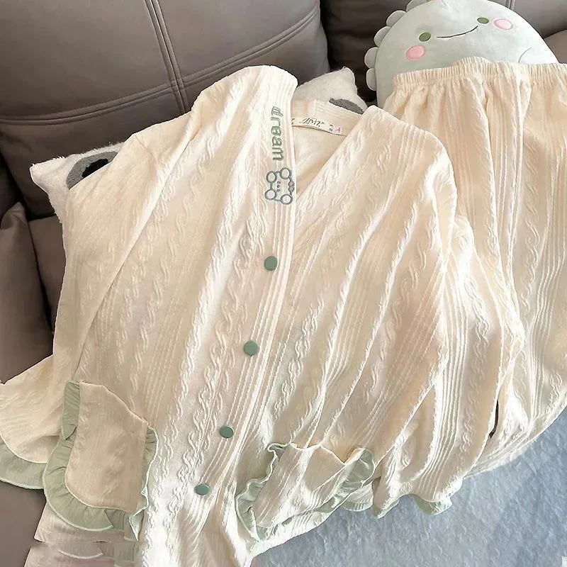 Spring and Autumn Pure Cotton Pajamas Women  Long Sleeve Home Suit Set Cute Cartoon Embroidery Sweet Girl Can Be Worn Sleepwear