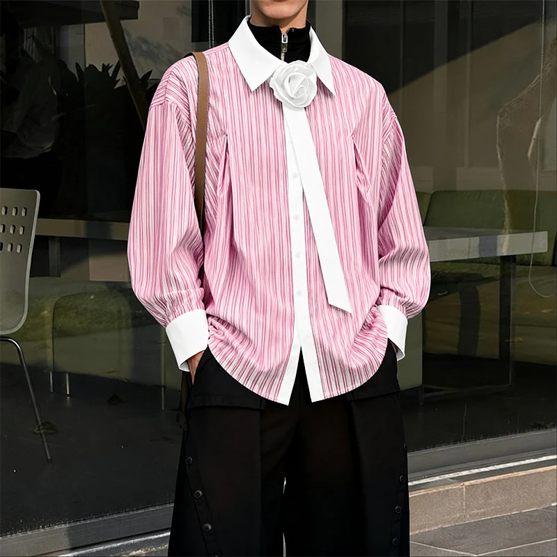INCERUN Men Shirt Striped Patchwork Flower Lapel Long Sleeve Men Clothing Streetwear Loose Korean Style Fashion Tops Male Shirts
