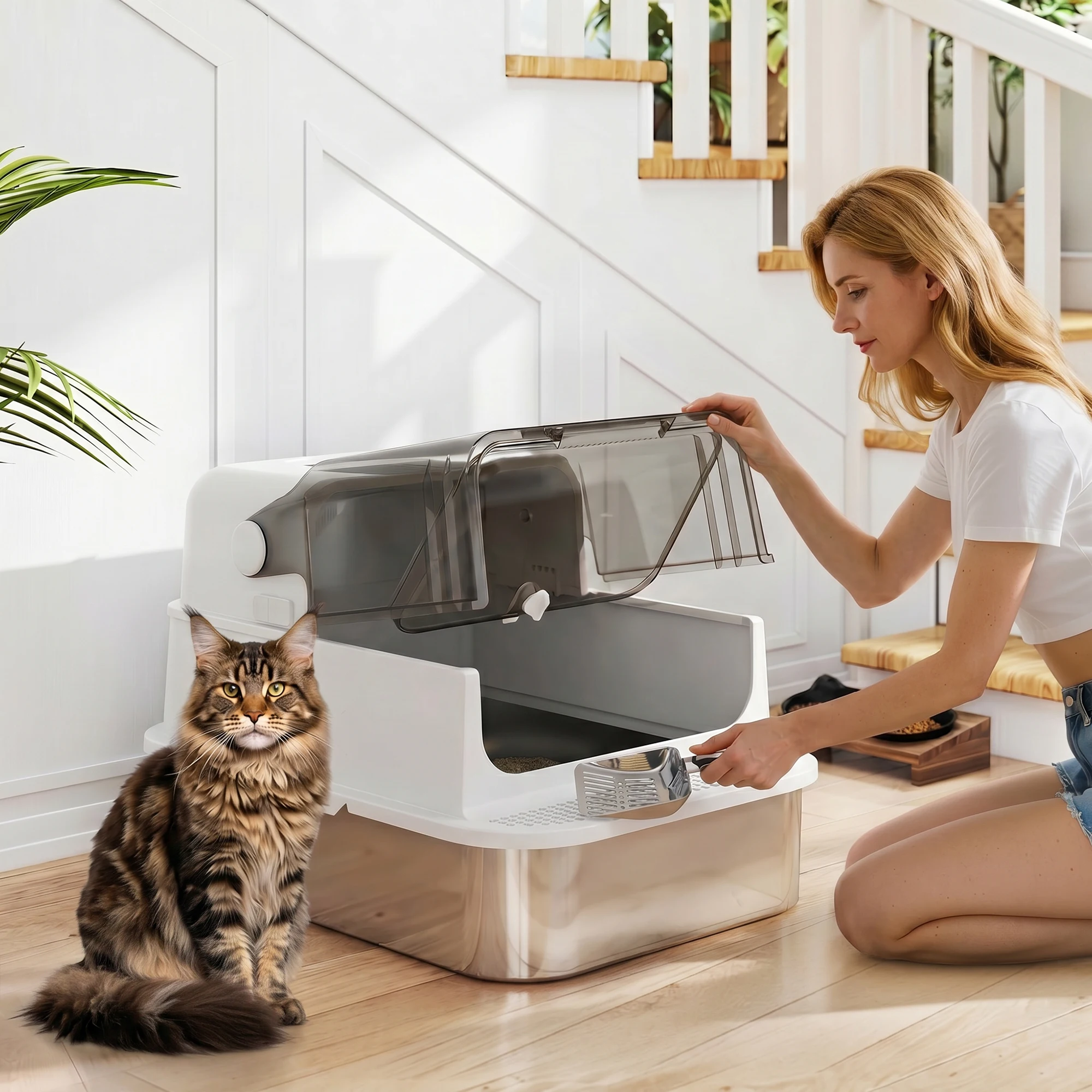 PawHut Lettiera Gatto Chiusa in Acciaio Inox con Coperchio Ribaltabile, Toilette per Gatti 52L con Doppia Porta, Paletta, Pareti Alte, Antiperdita, An