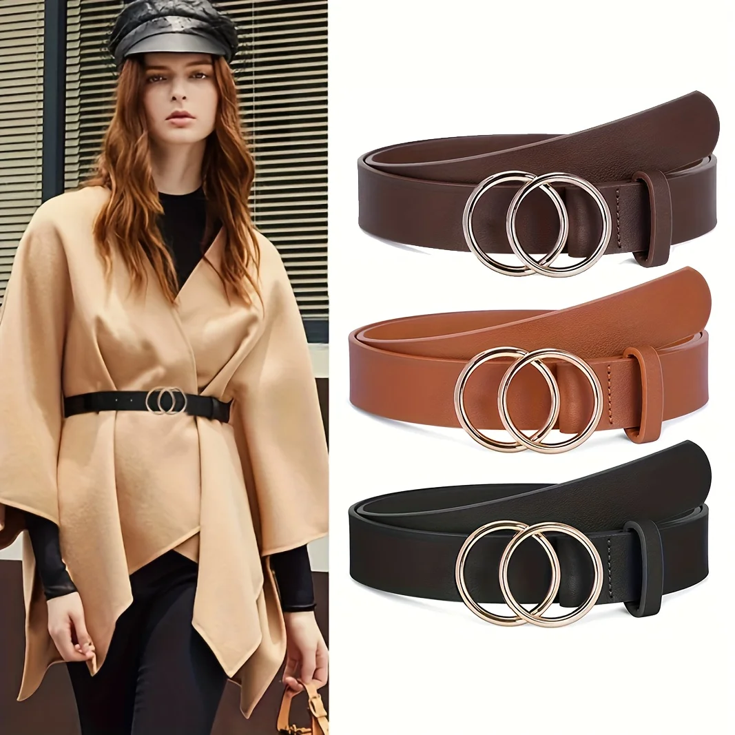 3pcs Vintage-Inspired Alphabets Buckle Belts - Stylish Classic Solid Color PU Leather Belt with Hollow Details for Women - Perfe