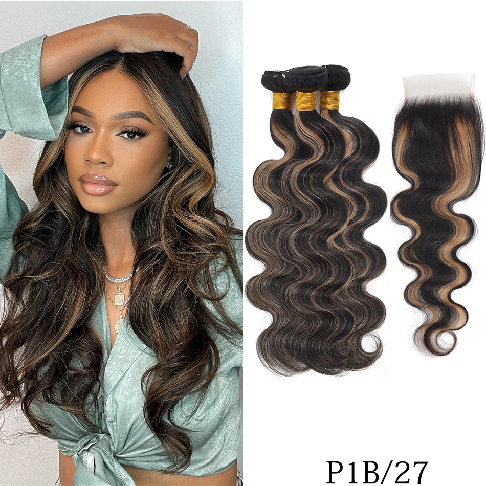 100% حزم شعر بشري داكن مع إغلاق ماليزيا تسليط الضوء على شقراء أومبير البيانو اللون 4/27 موجة الجسم البني مع إغلاق 4x4 HD