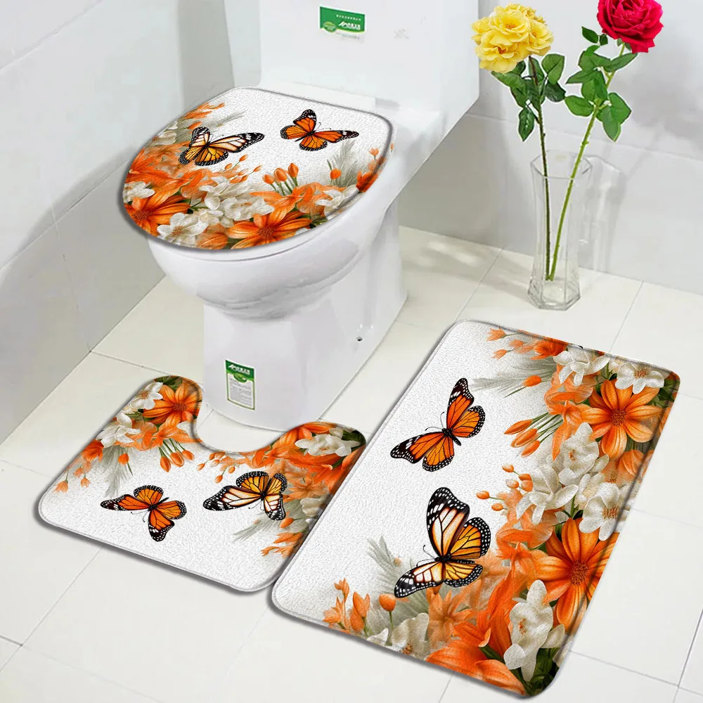 Butterfly Floral Bath Mat Set Black White Red Flowers Plant Butterflies Home Carpet Bathroom Decor Floor Rugs Toilet Lid Cover