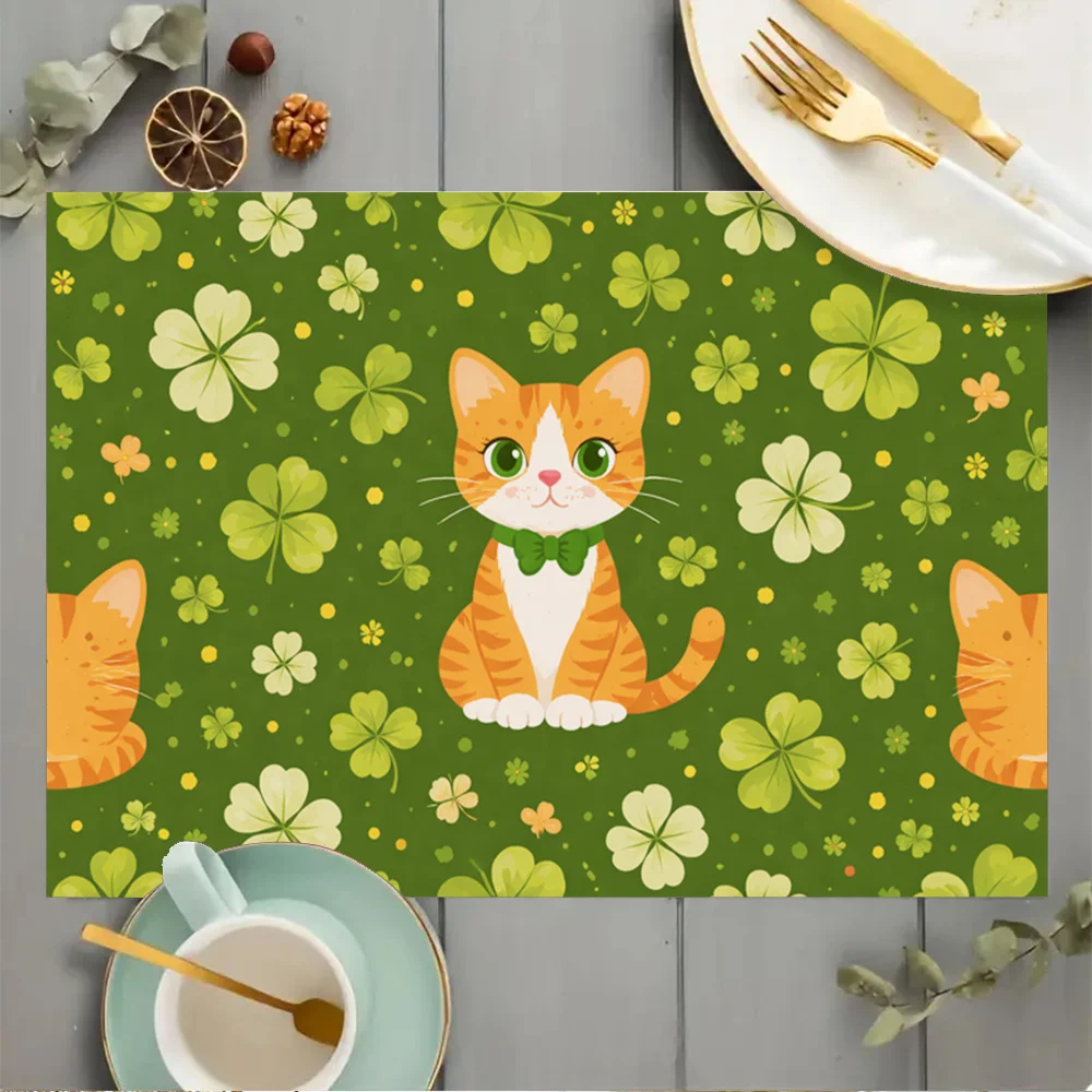 Stylish Orange Cat & Green Clover Placemat, Easy to Clean Table Pad for Kitchen, Dining, Coffee Table, Home Decor & Holiday Gift