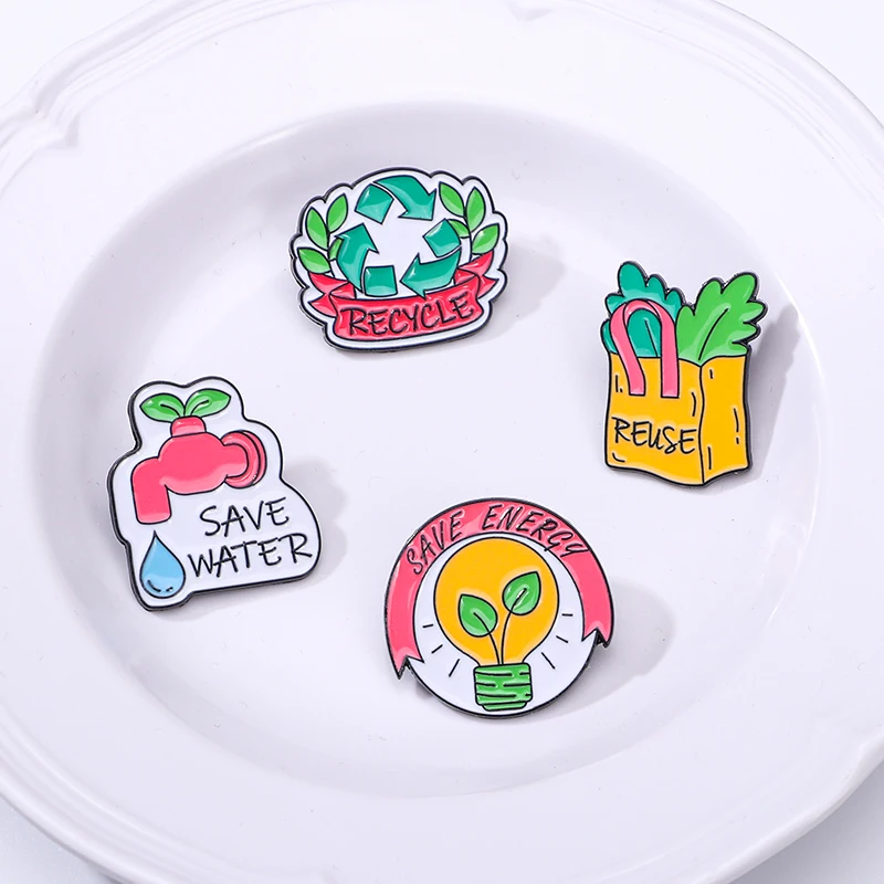 4 Styles Classic Save Energy And Water EP Enamel Pins Reduce Reuse Recycle Brooches Environmental Protection ECO Theme Badge