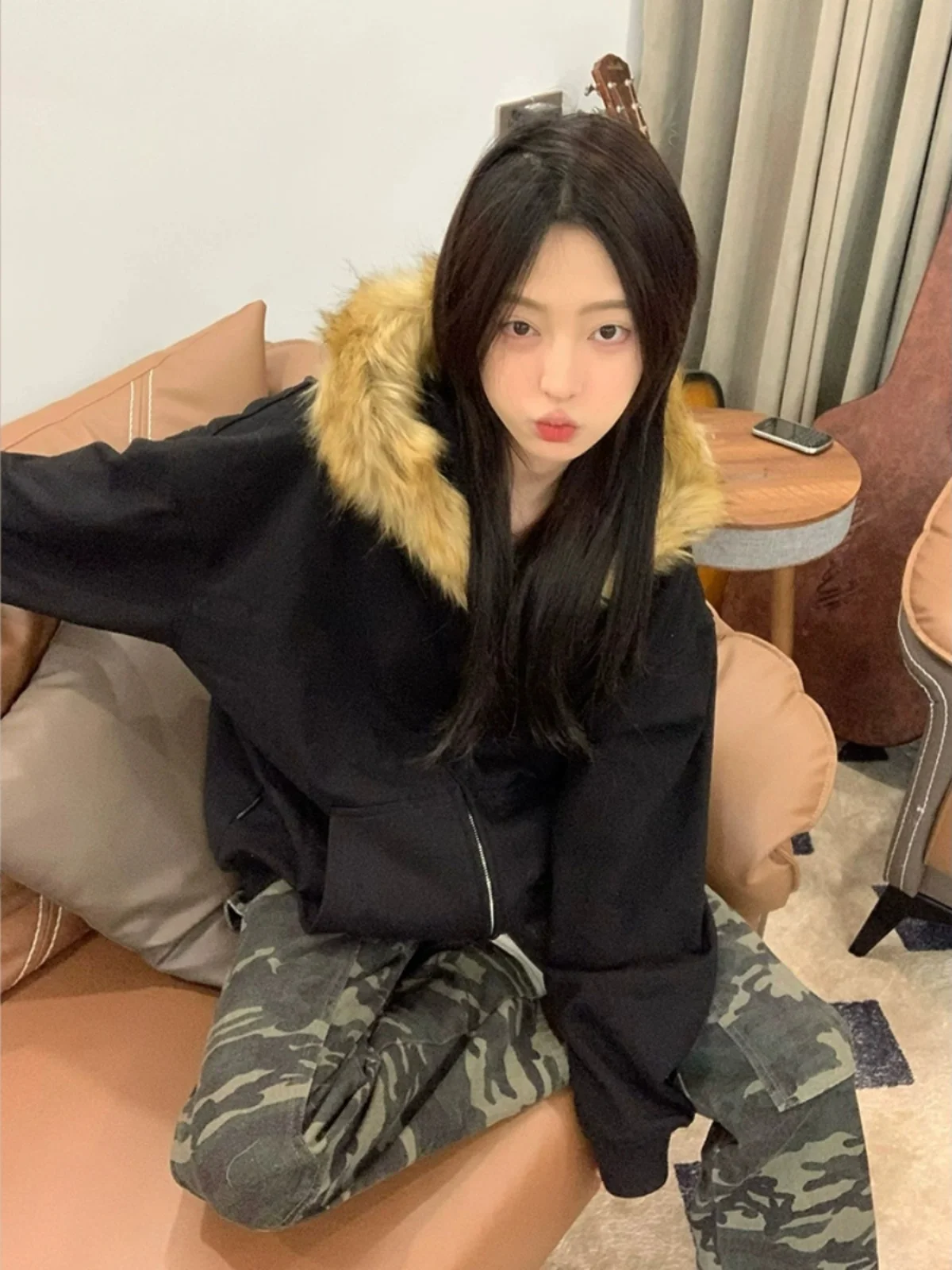 Bla Hooded Jaet Women's Spring Autumn Thin Fur Collar American Retro Open Cardigan Top Street Sle Long Sve Zipper