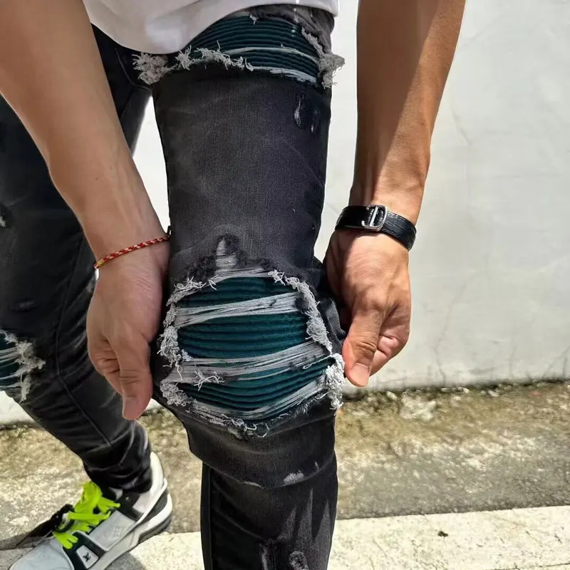 Latest Designer Street Fashion Men's Slim Fit Jeans Vintage Black Grey Elastic Split Jeans Men's Vintage Long Pants Spliced Hip