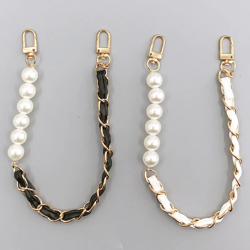 New Pearl & Metal Bag Strap Pu Leather Crossbody Bag Belts Diy Purse Replacement Handles Cute Bead Chain For Women Gold Clasp