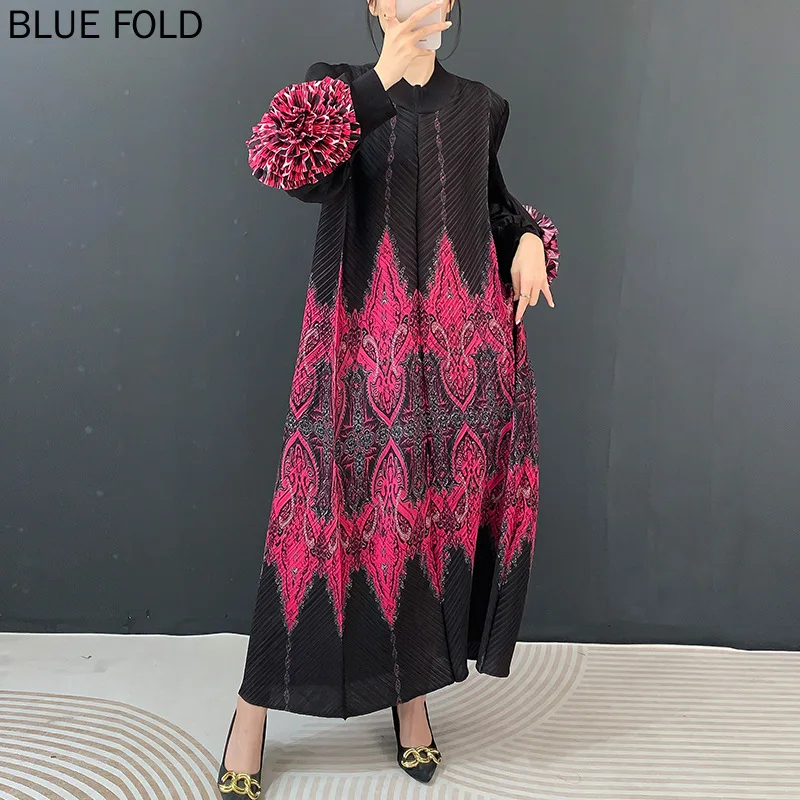 MIYAKE plisado Otoño e Invierno vestido estampado de manga larga con cuello medio alto para mujer vestido largo ajustado y elegante plisado para mujer