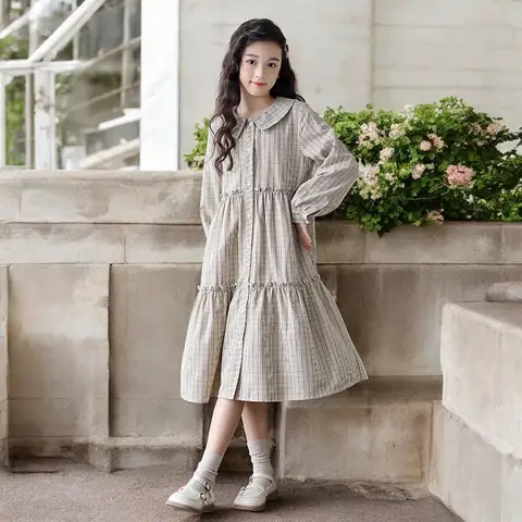 Autumn Baby Girls Dresses Kids Outfits Plaid School Dress Teenagers Princess Dress School Children Costumes 6 8 9 10 12 13 Years