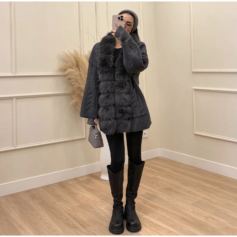 Cable Knit Cardigan with Faux Fur Collar — product details 19