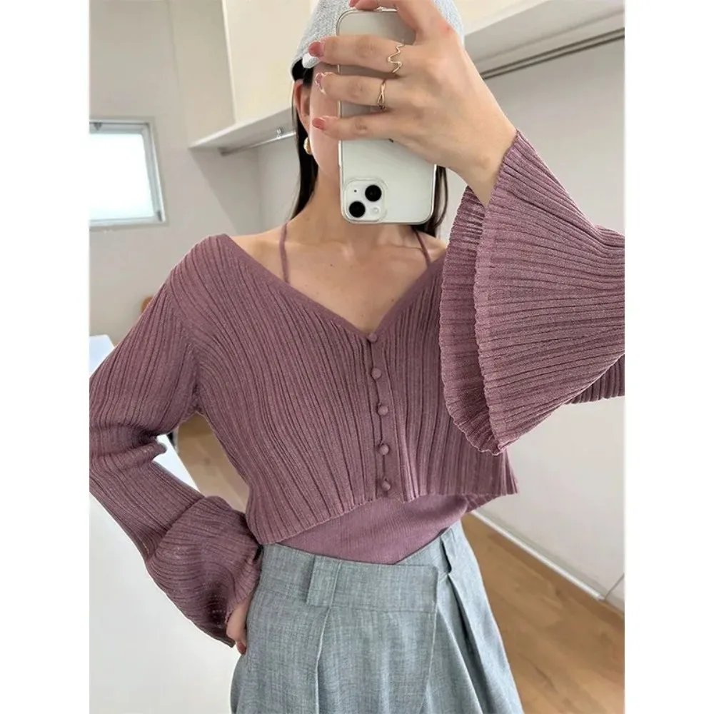 Kuzuwata Japanese Flare Sleeve Single Breasted Pullovers V-neck Long Sleeves Solid Color Sweater Fashion Chic Female Knitted Top