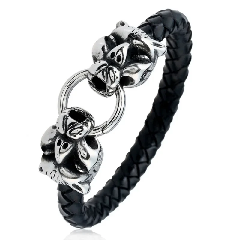 Charm Men Jewelry Classic Black Braided Leather Bracelet for Men Stainless Steel Leopard Clasp Punk Bangles Gifts