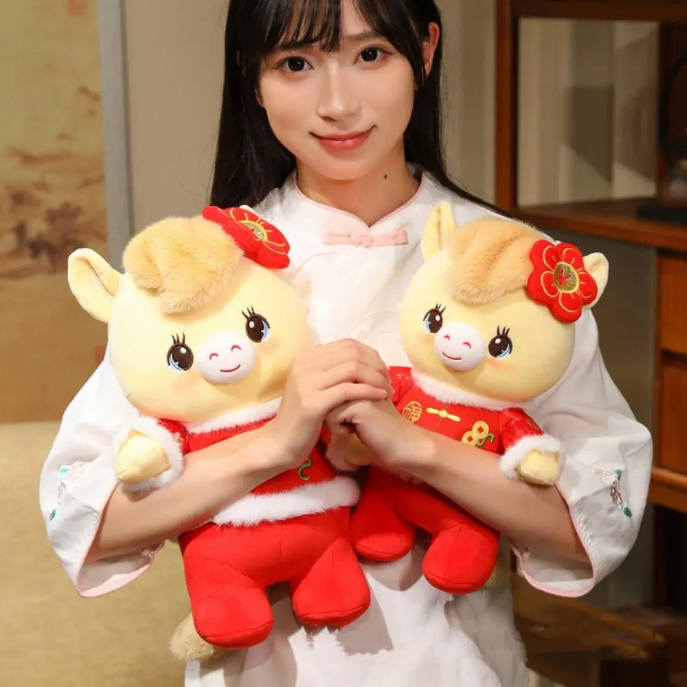 

Funny Chinese Zodiac Horse Stuffed Cute with Tang Suit Lucky Pony Cartoon Animal Red Pony