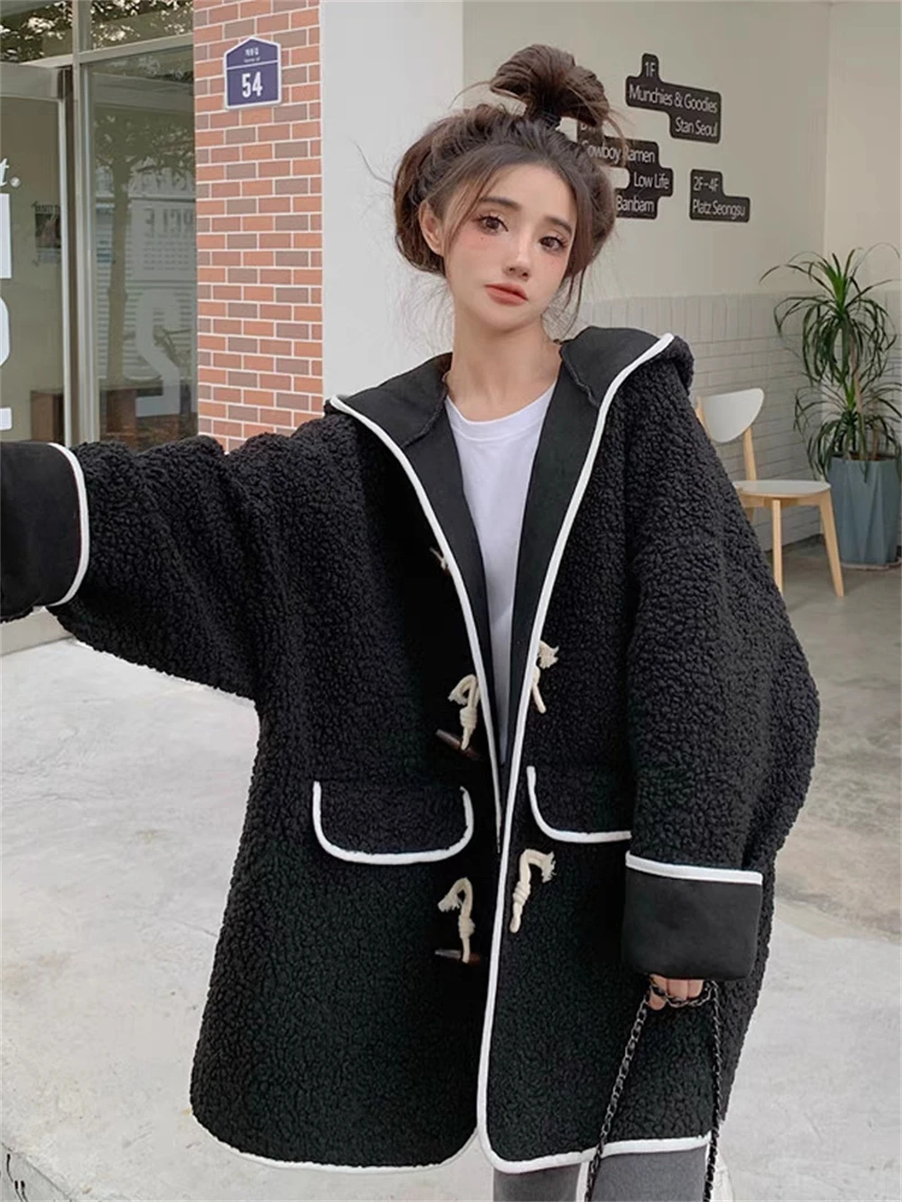 Artificial Lamb Wool Coat for Women, Colored Hooded, Black, Thick, High Grade Design, Feel Ox Horn Button, Cotton Coat, Winter