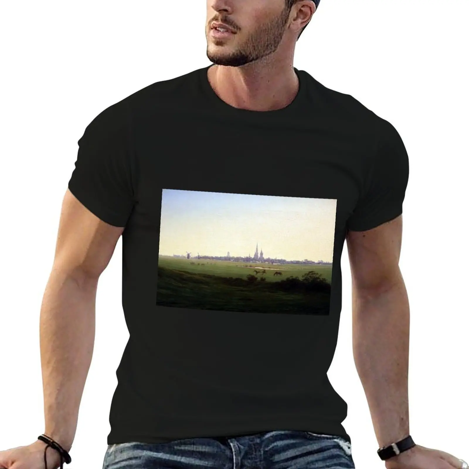Caspar David Friedrich Meadows near Greifswald T-Shirt Large Size Breathable Tee