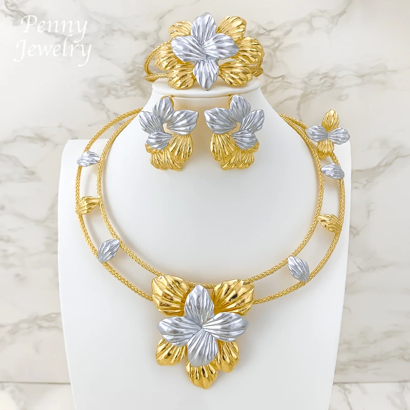

Two Tones Chunky Luxury Collar Necklace Earrings Bracelet Ring Dubai 18K Gold Plated Jewelry Set Bridal Wedding Party Gifts