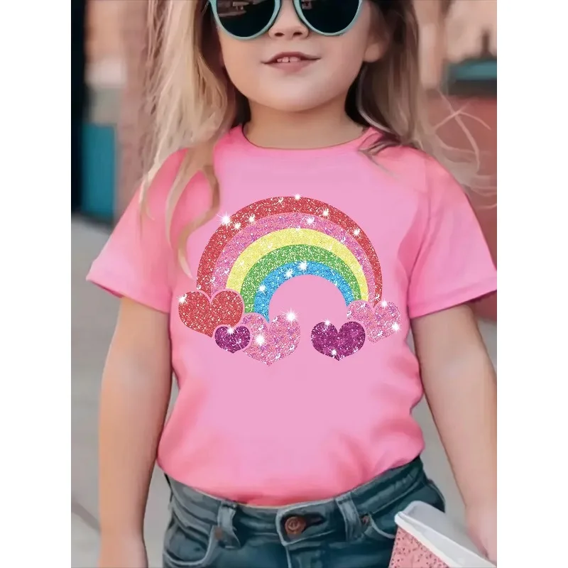2026 Summer Fashionable Women's Round Neck Short Sleeve Rainbow Heart Pattern T-shirt Casual Summer Versatile Parent Child Top