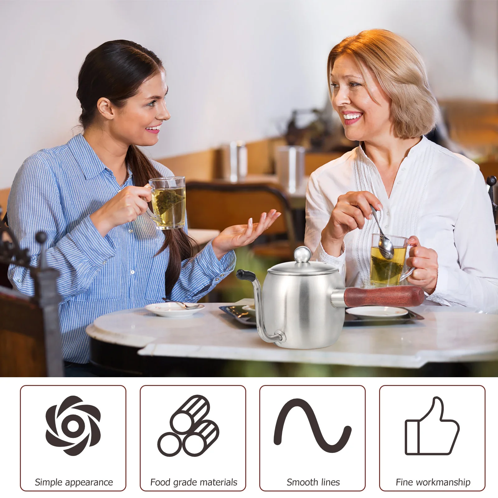 

1pc Long Spout Coffee Kettle Stainless Steel Hand Drip Pouring Pot Wooden Handle Heat Resistant Non-Slip For Kitchen Cafe Tea