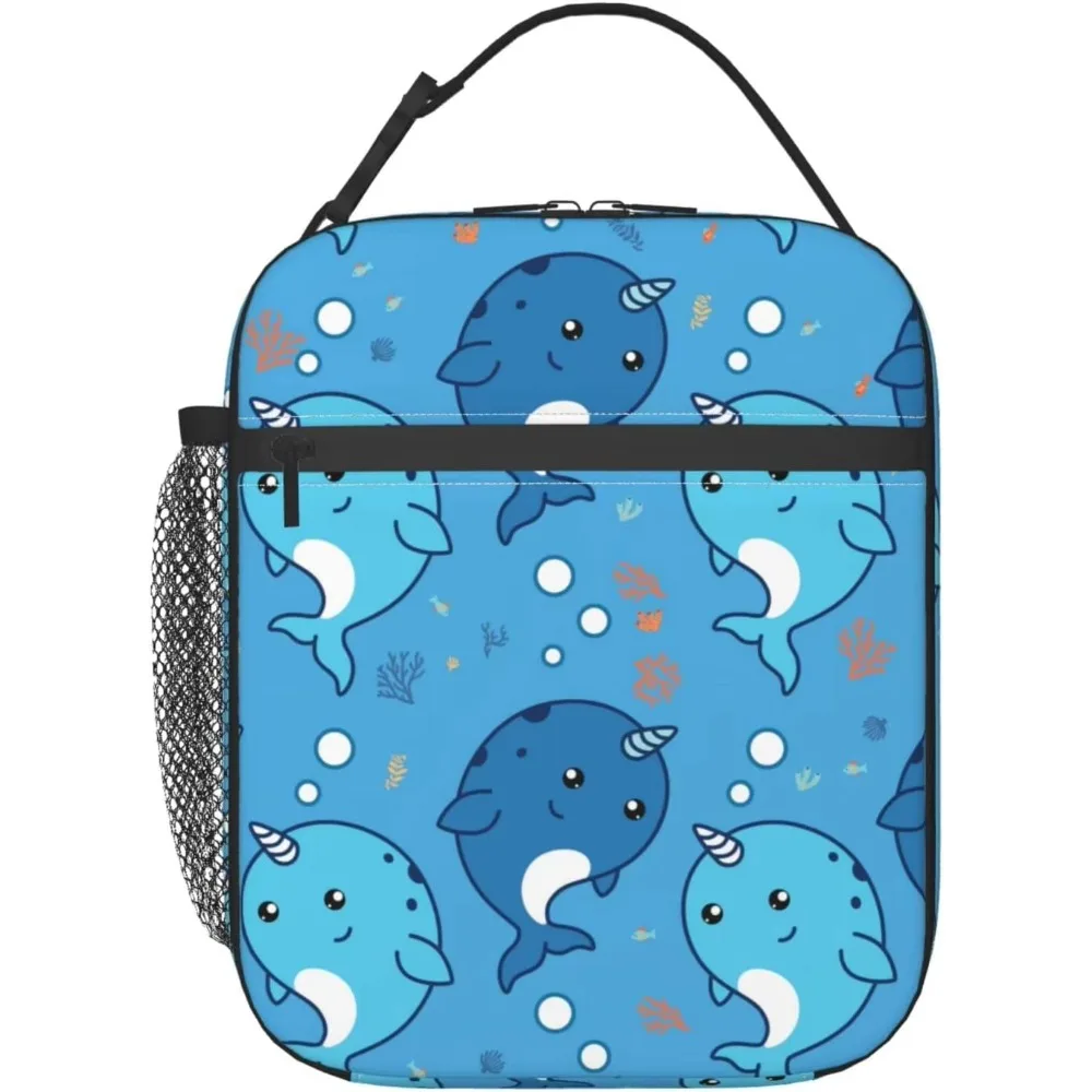 Blue Sea Unicorn Narwhal Lunch Box Insulated Reusable Lunch Bag Cooler Bag for Women Men Girls Boys Work School Picnic Hiking