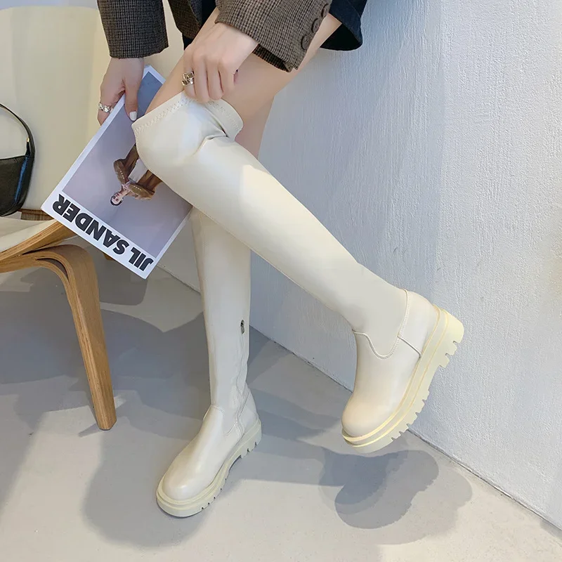 Soft Leather Thick Sole Over Knee Boots Women\'s Large Size 43 Boot Comfortable Elastic High Cavalier Boots Platform Women Shoes