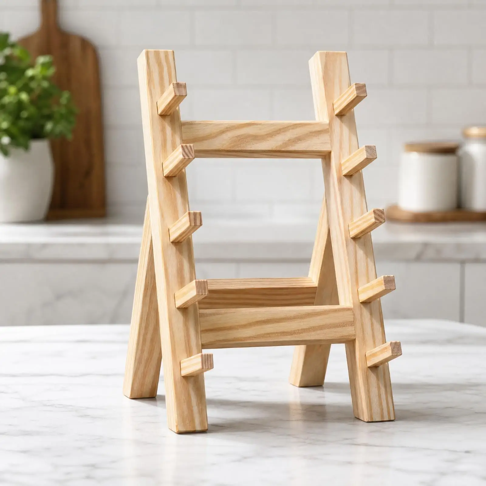 Pine Wood Industrial Cutlery Rack with Projecting Pegs for Chef Knife Storage Freestanding Wooden Holder for Kitchen Display