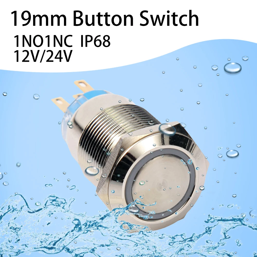 20Pcs 19mm Stainless Steel ON OFF Flat Head Resettable 12v Ring Led Waterproof 1NO1NC Push Button Switch