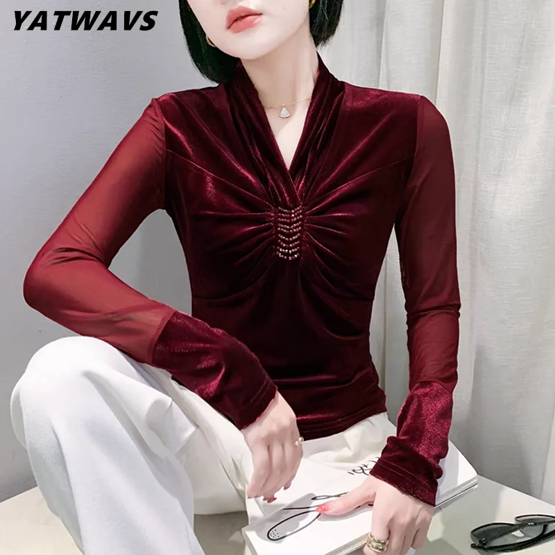 Nuovo Autunno Sexy Con Scollo A V T-Shirt di Velluto delle Donne Vestiti di Modo A Maniche Lunghe Fatte A Mano Che Borda Magliette Elegante Vintage
