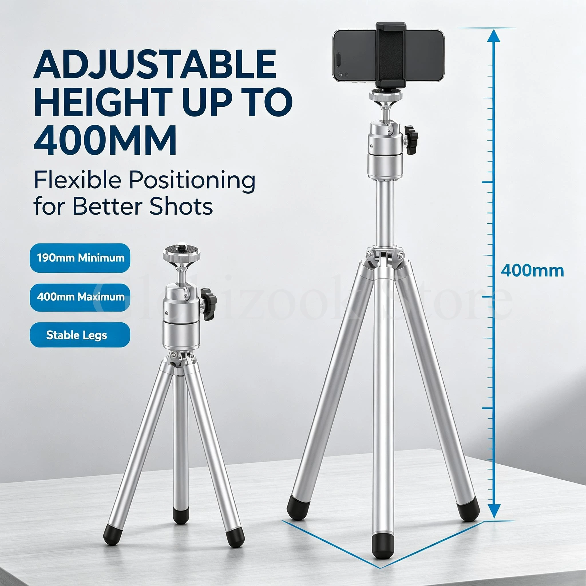 Treppiede per telefono in metallo argentato WSU27, estensibile, regolabile da 190 a 400 mm, mini supporto con porta telefono per riprese con fotocamera e smartphone.