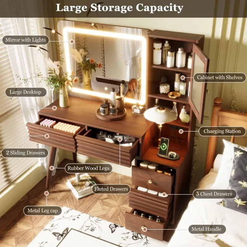 46 Inch Makeup Vanity Table with Mirror and Light 5 Drawers Rubberwood Legs Glass Cabinet Power Outlet for Bedroom