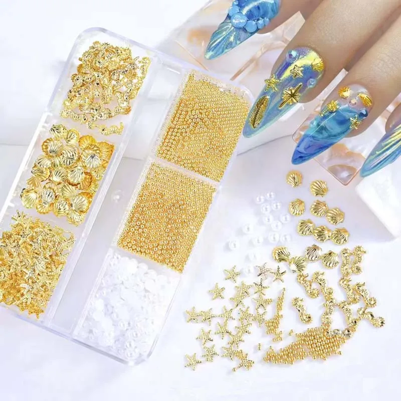 1Box Ocean Style Starfish Shell Metal Rivet Nail Patch Mixed With Flat Bottomed White Pearl Steel Ball Nail DIY Accessories