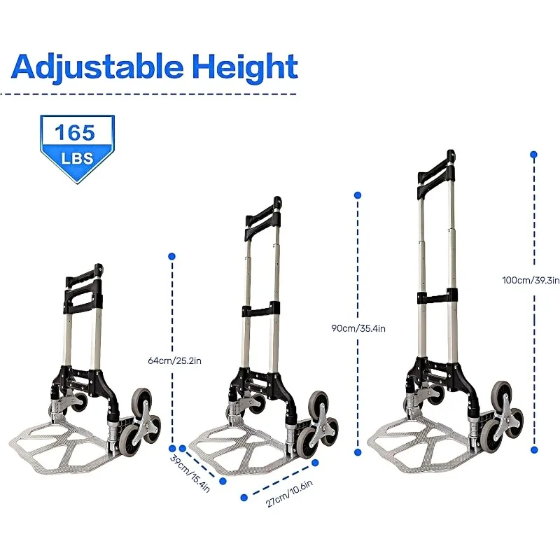 Folding Hand Truck, 165lbs Load Stair Climbing Cart with Silent Wheel, Light Weight Portable Folding Multi-fuctional Hand Cart