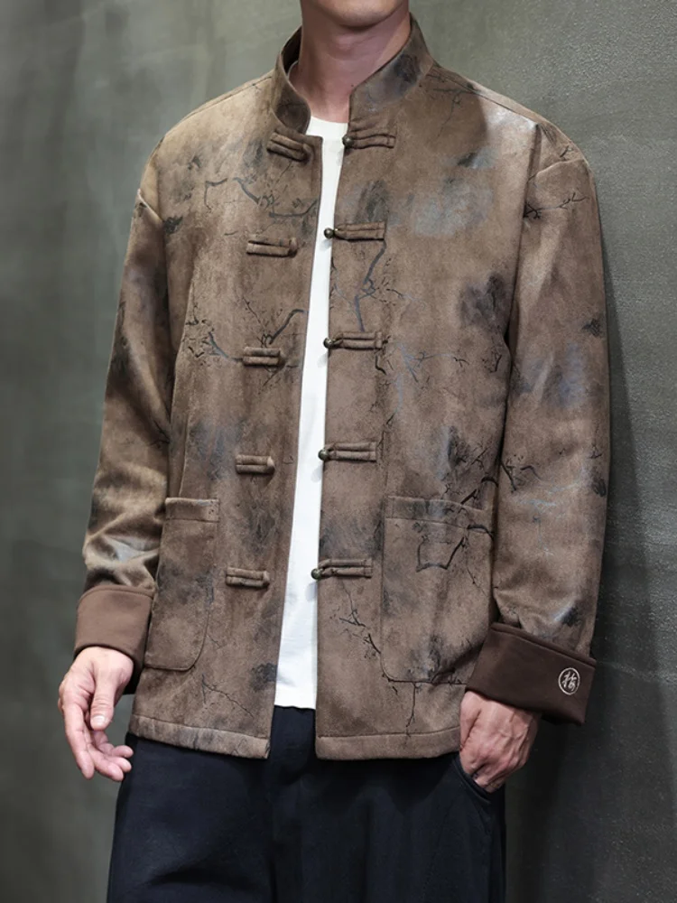 

Мужская замшевая куртка в винтажном стиле с вышивкой, на пуговицах, дышащая, с длинными рукавами, воротником-стойкой, в китайском стиле Тан, для весны и осени