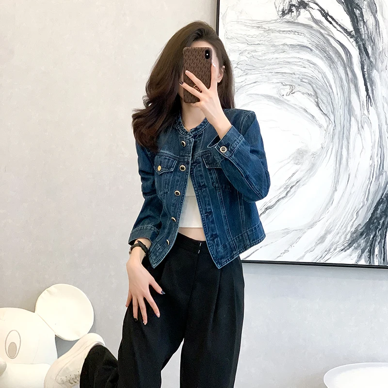 

Retro American ort Denim Jaet Women's Spring Autumn ular round Ne Sve Long Small Fraance Sle Cotton Polyester
