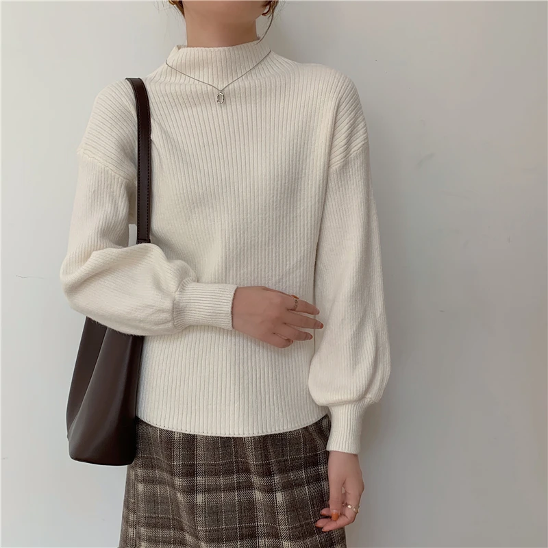 

REALEFT Autumn Winter Half Turtleneck Women's Knitted Pullover Lantern Sleeve Solid Casual Loose Bottom Sweaters Female 2025 New