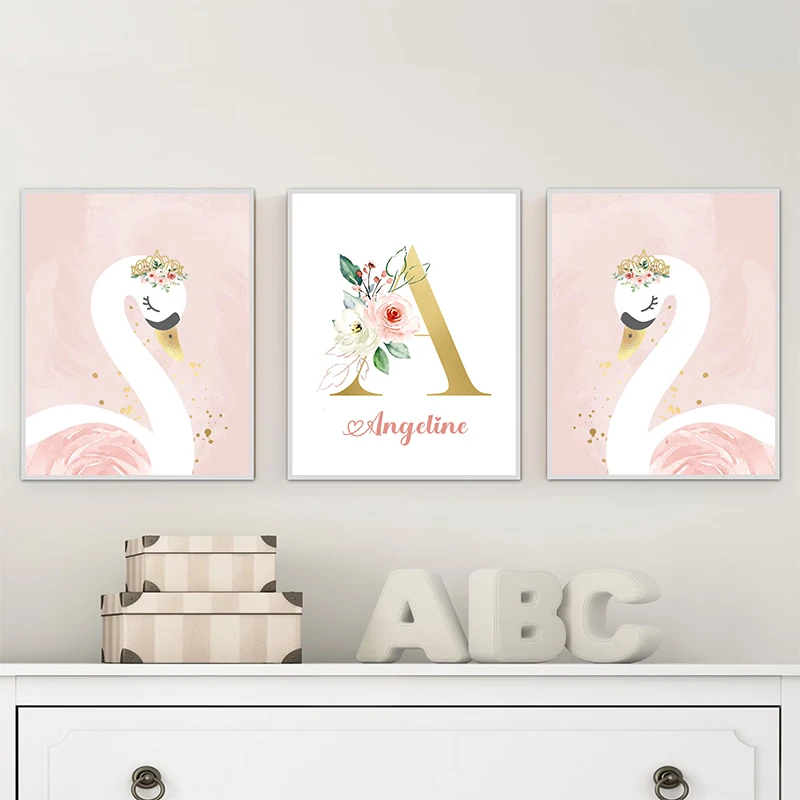 Pink Crown Swan Golden Customized Baby & Kids Name Posters and Prints Nursery Wall Art Canvas Paintings for Girls Bedroom Decor